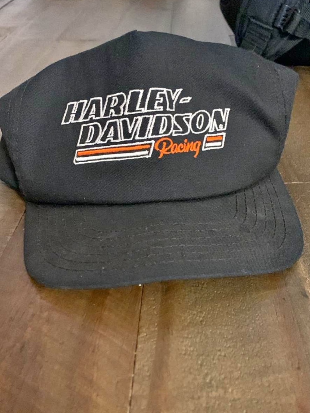 VINTAGE Harley-Davidson Black Hat with White and Orange Racing Logo